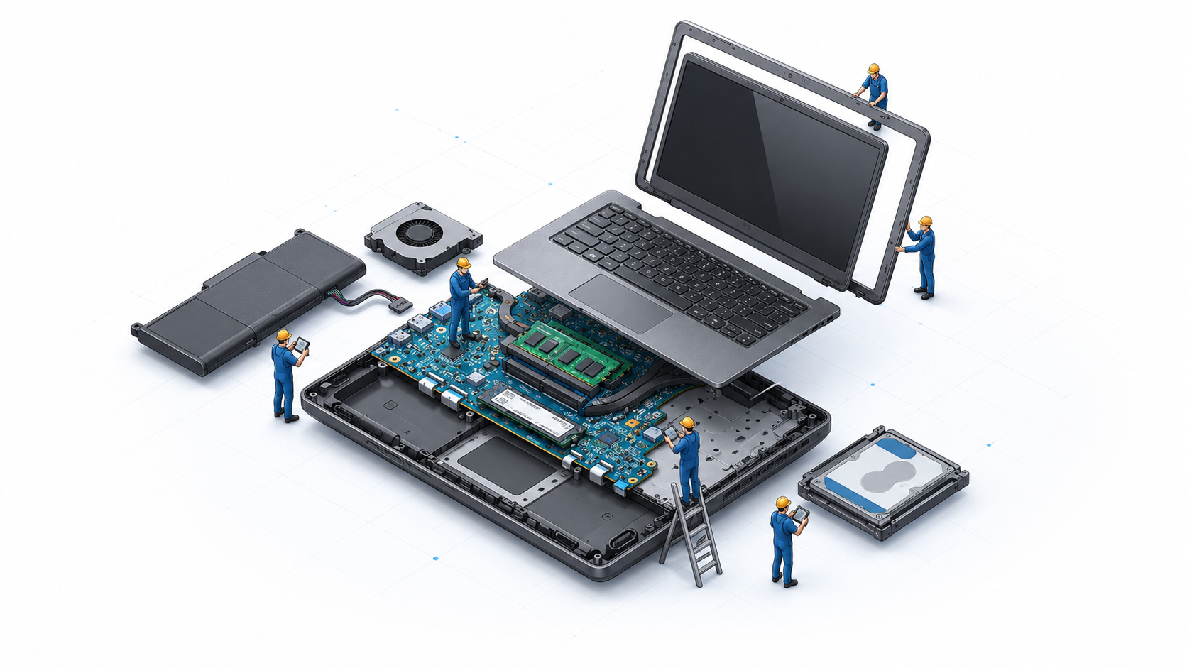 Exploded laptop with technicians servicing its internal components